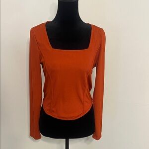 Elegant Square Neck Long Sleeve Top - Rust